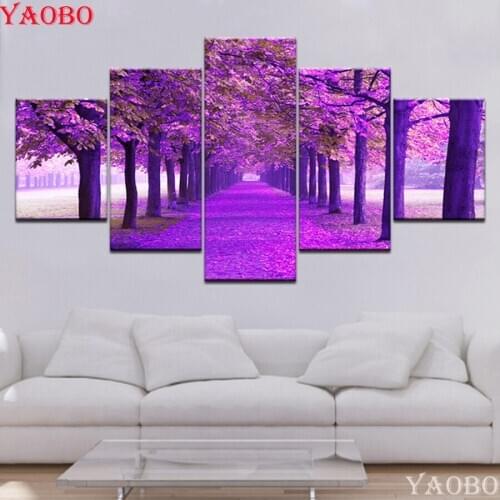 5d DIY Full square round Drill Diamond Painting Purple Tree Scenery Cross Stitch Rhinestone Embroidery 5piece 3d pictures mosaic