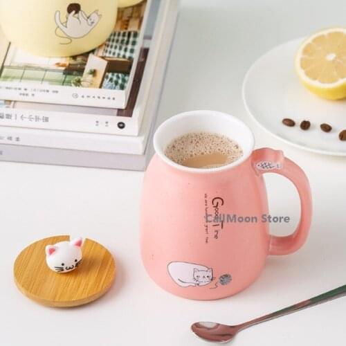 Ceramic Cup with Lid Spoon Japanese Style Fresh Cartoon Cat Mug Household Cute Office Men and Women Couple Water Cup Coffee Mug