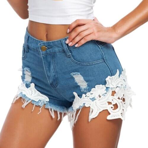 Summer womens shorts sexy lace stitching denim shorts loose and thin high waist wide-leg pants