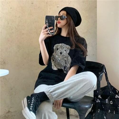 Summer Diamond-Studded Bear Loose Short-Sleeved T-Shirt WomenS Bottoming Shirt All-Match Casual Top Women