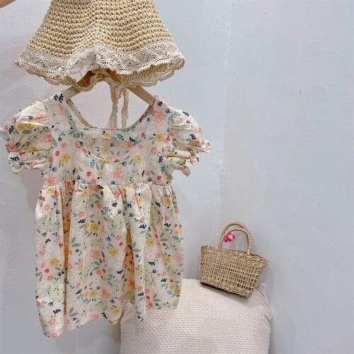 Fashion Girls' Dress 1-6 Years Korean Summer Floral Dress Cute Bubble Sleeve Open Back Dress Kids Clothes Girls