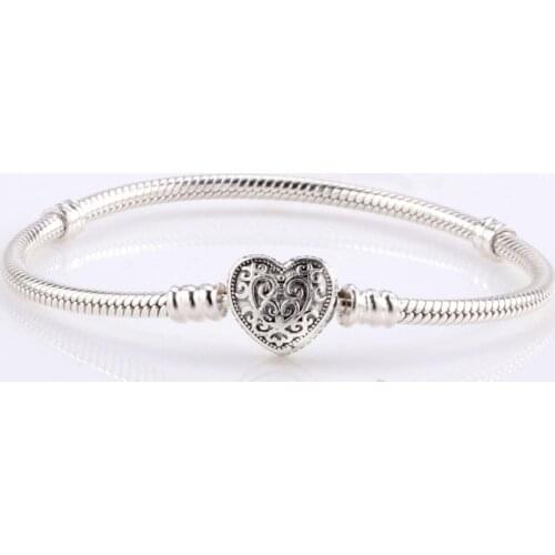 Moments Heraldic Lace Enchanted Heart Clasp Snake Pan Bracelet Fit 925 Sterling Silver Bead Charm Diy Fine Jewelry