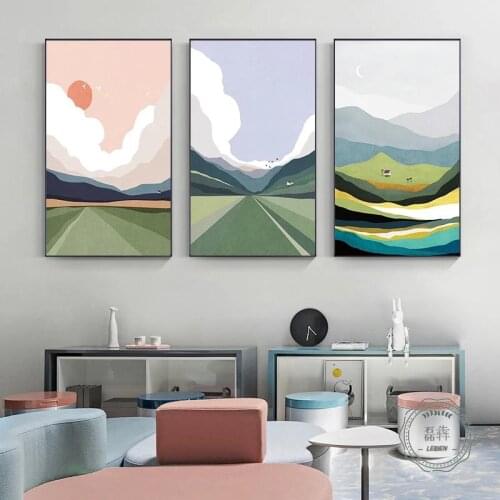Cartoon Pastoral Landscape Poster and Print Wall Art Canvas Painting Rural Mountain Nordic Picture for Living Room Home Decor