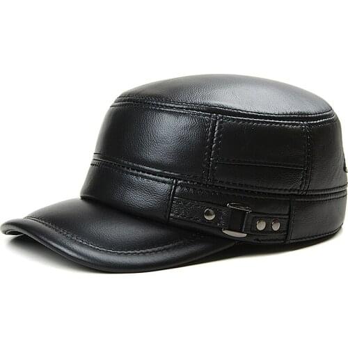 Men Leather Army Hat Middle-Aged Elderly Men Winter Cap Warm Earmuffs Flat-Top Cowhide Dad Hat Black Hats Grandpa