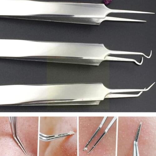 Steel Face Cleaner Straight Bend Curved Blackhead Acne Pimple Comedone Tweezer Care Clip Kit Skin Remover Tools U2J0