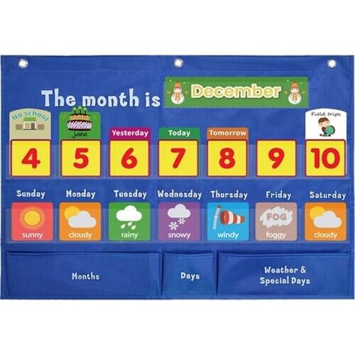 NEW-Kids Calendar First Weekly Calendar Children Date Weather Cognitive Pocket Chart Toys Hanging Bag