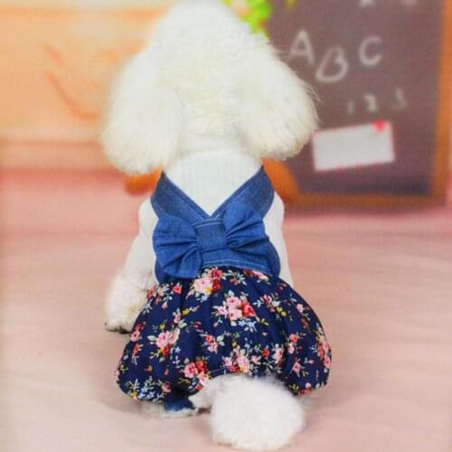 Pet Dress Bowknot Design Breathable Cotton Puppy Denim Overalls for Spring Dog Jumpsuits