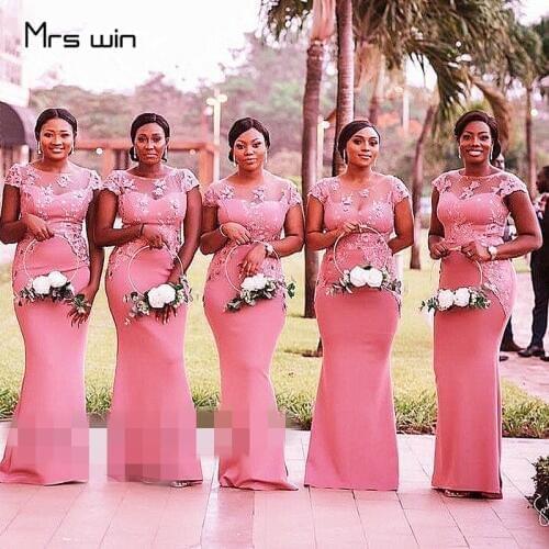 Mrs win Bridesmaid Dresses Pink O-neck Elegant Wedding Guest Dress Long Mermaid Plus Size Lace Vestido Madrinha 2020 HR104