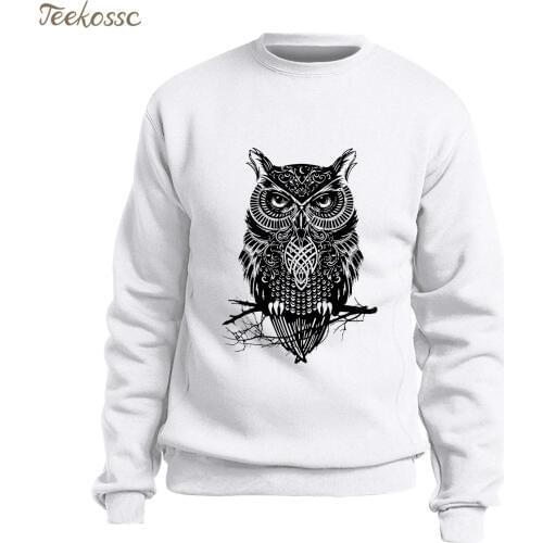 Animal Owl Sweatshirt Men Graphics Design Hoodie Slim Fit Pullover Sweatshirts Winter Autumn Fleece Warm Streetwear White Hoody