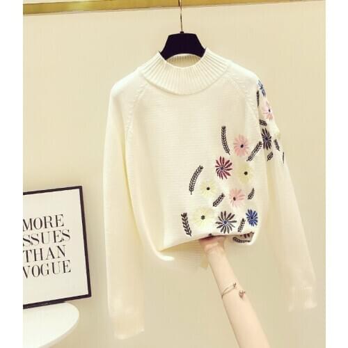 High Collar Sweater Womens Embroidery Flower Knitted Sweaters 2020 Autumn Winter New Long Sleeve Knitted Top Fashion Pullovers