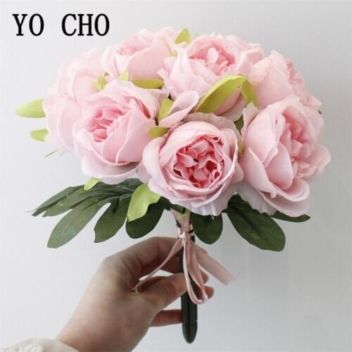 YO CHO Artificial Flower 10 Heads Silk Rose Bouquet DIY Flower Arrangement White Pink Fake Rose Bouquet Home Party Wedding Decor