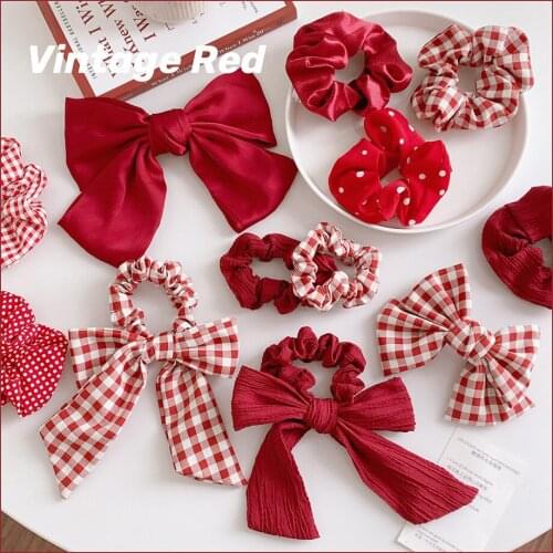 1PC 2020 NEW Chic Cloth Art Cherry red Bow Knot Dots Lattic Hair Clips Hair Circle Hair Rope Girls Hair Accessories