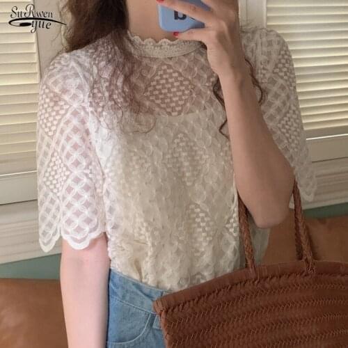 New Korean Summer O-Neck Women Tops Loose Sweet Blouse Chic Embroidered Flowers with Sling Bubble Sleeve Perspective Shirt 14543