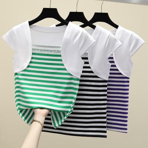 Fake two T Shirt Women 2021 Summer Top Shirts Casual Short sleeve Tshirt Patchwork Striped T-Shirt Tops Tee Shirt Femme