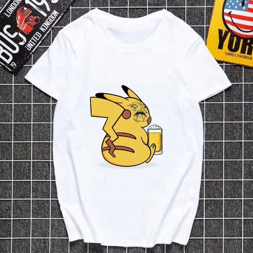 Pokemon Womens Summer T-shirts Bad Pikachu Beer Anime Kawaii New Tops Print Casual Short Sleeve Cartoon Femme Aesthetic Clothes