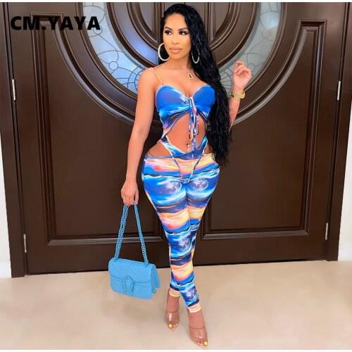 CM.YAYA Women Jumpsuit Print Sleeveless Strap V-neck Bandage Hollow Out Stretchy Bodycon Jumpsuits Sexy Fashion Outfit Summer