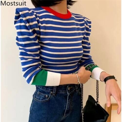 Korean Striped Color-blocked Knitted Sweaters Pullovers 2020 Autumn Winter Long Sleeve O-neck Tops Casual Fashion Ladies Jumpers
