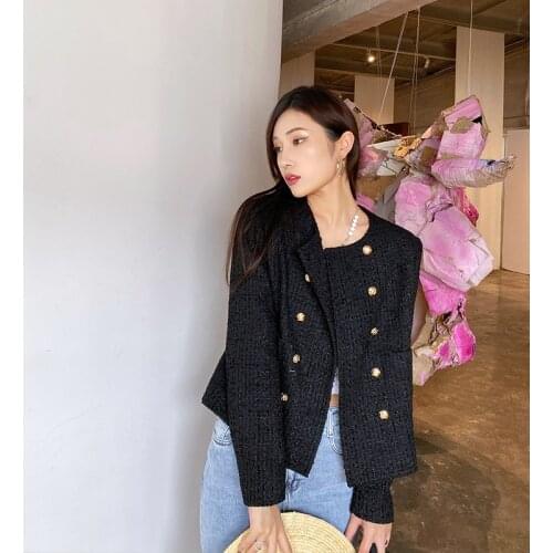 Black Short Suit Jacket Elegant Women Suit Double-Breasted Gold Buckle Crop Luxury Tweed Long Sleeve Jacket Fall Winter New 2021