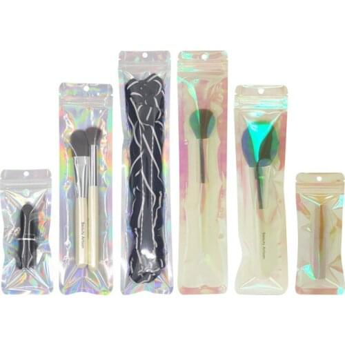 100pcs One Side Clear Laser Aluminum Foil Jewelry Cosmetic Gift Zip Lock Package Bags Long Holographic Bag Packaging Wholesale