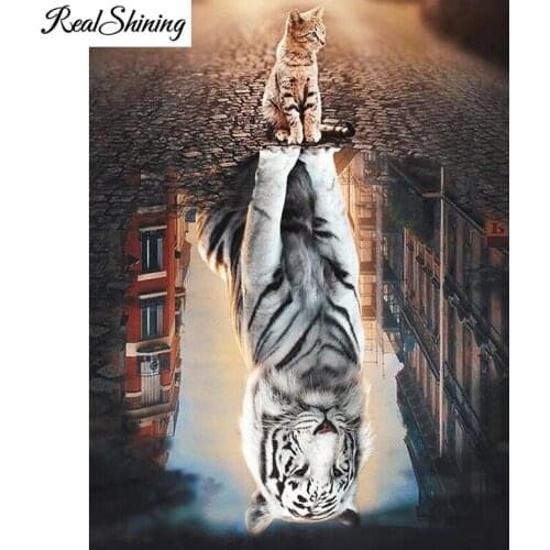 DIY Diamond Painting cat tiger reflection Full Embroidery diamond picture 5D Square/Round Drill Mosaic Rhinestones FS4607