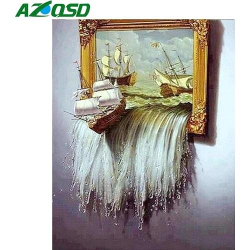 AZQSD Diamond Art Painting Kits boat Home Decoration Diamond Embroidery waterfall Mosaic Full Square Drill Handmade Craft