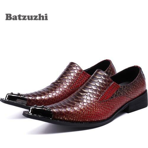 Batzuzhi Big Size 38-46! Fashion Men Shoes Pointed Toe Genuine Leather Dress Shoes Men Fish Pattern Leather Business, Party