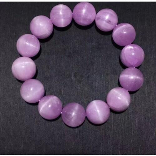 Genuine Natural Purple Kunzite Quartz Clear Round Beads Bracelet 16.3mm Cat Eye Kunzite Women Men AAAAAA