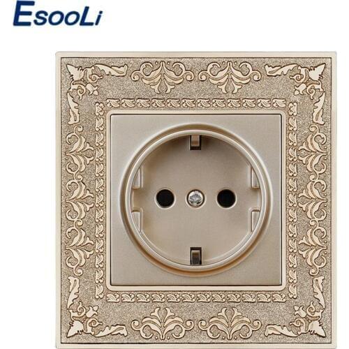 Esooli 16A EU Standard Gold Power Socket 4D Embossing Retro Zinc Alloy Panel Wall Power Socket AC 110~250V