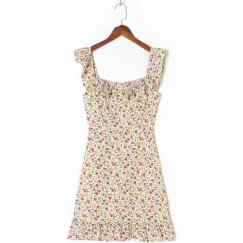 Summer Womens Casual Printed Square Neck Ruffled Slim Dress