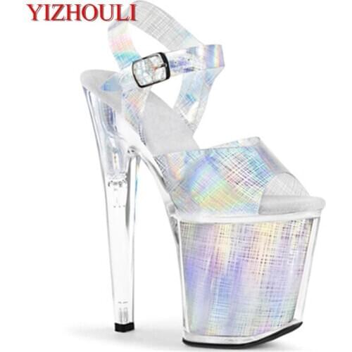 8 "summer sandals, magic color changing material vamp, crystal soles party, model with 20 cm high heels, dancing shoes