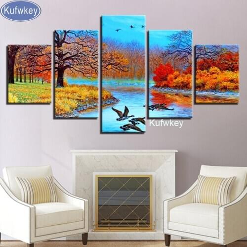 5d Diy diamond painting 5pcs cross stitch kit Autumn Tree lake,Diamond embroidery 3D square Diamond Mosaic pasted full painting