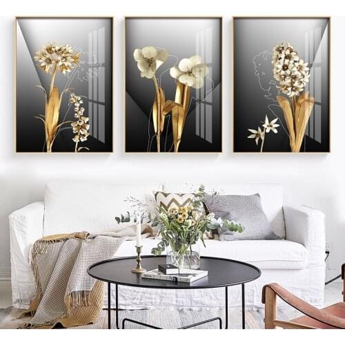 Nordic Golden abstract leaf flower Wall Art Canvas Painting Black white feathers Poster Print Wall Picture for Living Room Decor