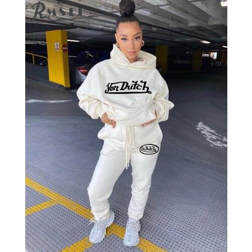 RMSFE 2021 European And American Womens Long Sleeve Hooded Jacket Embroidered Letter Sweater Hooded Sports Suit Set