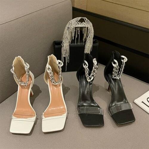 Fashion Women Sandals PVC Transparent Sandals Slides Thin High Heels Metal Chain Back Zipper Summer Sandals Thin High Heels Pump