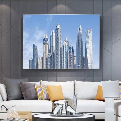 Nordic Poster Scandinavian Home Decoration City Modern Architecture Blue Sky White Clouds High-rise Buildings Landscape Painting