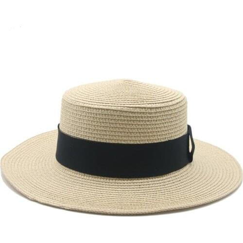 Sun hats men women wide brim ribbon band khaki black classic simple straw hats sun protection casual outdoor beach men women hat