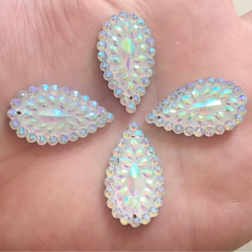 16*28mm Resin Sew On Rhinestone For Native Bead Work Water drop Crystal AB Fish Scale Resin Gems Cabochon 2 Holes 30pcs