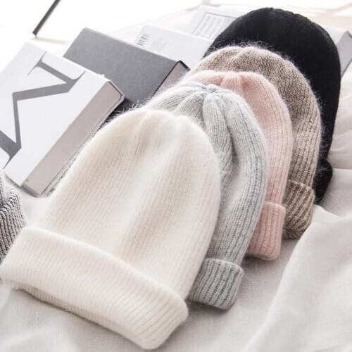 Women knitted Winter Hat female Warm Rabbit fur beanie Girls Solid Bonnet women Skullies beanies Soft Hats wool beanies