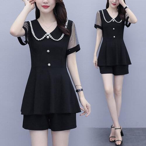 Women 2021 Summer Fashion Two-piece Suits Female Mesh Short Sleeve Tops Ladies High Waist Loose Wide Legs Shorts Sets Q123