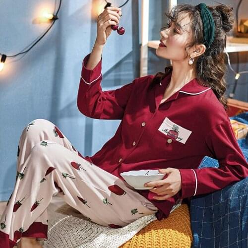 Ladies Pajamas Summer Long Sleeve Cotton Cartoon Fruit Suit Fall And Winter Red Colour Leisurewear Set