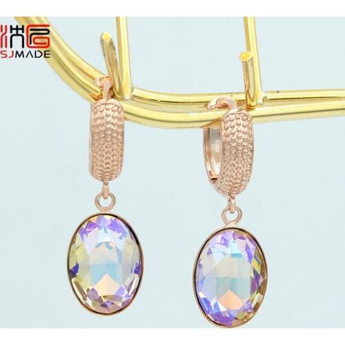 SJMADE Classic Fashion Egg Shape Oval Crystal Dangle Earrings 585 Rose Gold White Gold For Women Wedding Luxury Elegant Jewelry