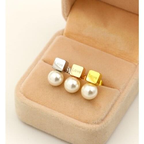 Martick Cute Square Pearl Stud Earrings For Woman With Love English Letter Gold/Rose Gold/Silver Color Jewelry E11