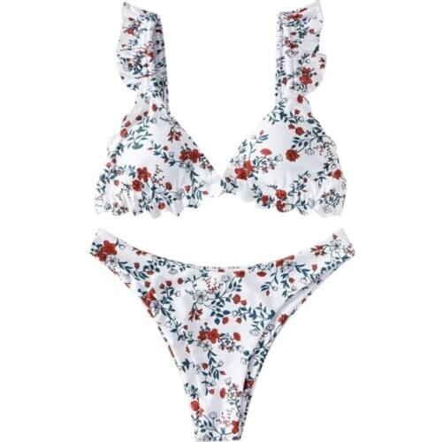 Women Ruffles Bikini Sets Summer Swimwear Push-up Paded Flower Printed Bandage Suimsuits Women Sexy Bathing Suits Beachwear
