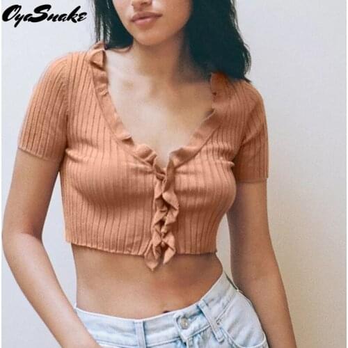 Oyasnake Womens Knitted Edible Tree Fungus V-Neck Pullover Short Sleeve Tee 2021 Fashion Summer Slim T-Shirt Girls Solid Tops