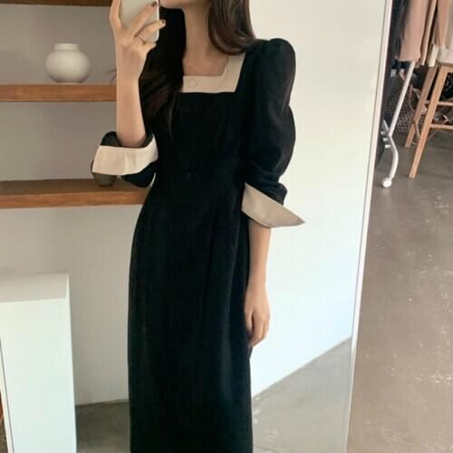 Long Shirt Dress Single Breasted Slim Waist Midi Dresses with Waistbelt Women Elegant Square Collar Patchwork
