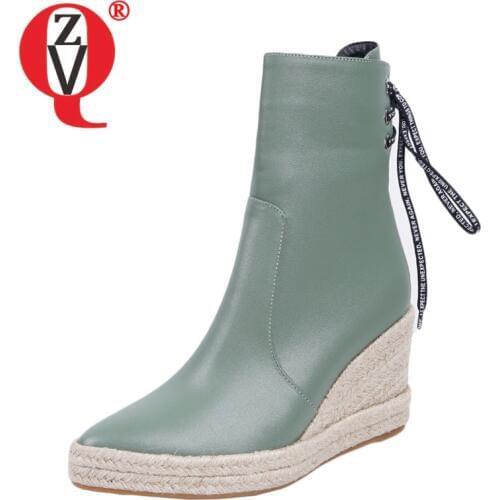 ZVQ Fashion Ankle Boots Green Beige 8cm High Heels Wedges womens Shoes Zipper Pointed Toe Booties Plus Size Drop Shipping