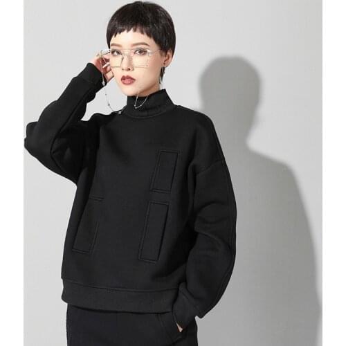 Black Plus Size Long Sleeve T Shirt Women Turtleneck Pockets Loose Casual Tee Tops Clothes Autumn Winter Fashion Streetwear 2021