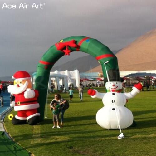 Hot sale green inflatable Santa and snowman arch standing Christmas archway entrance advertising for lawn party and events