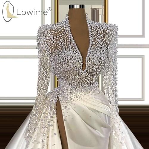 Illusion Long Sleeve Pearls Wedding Dresses V Neck Court Train High Split Mermaid Satin Bridal Gowns