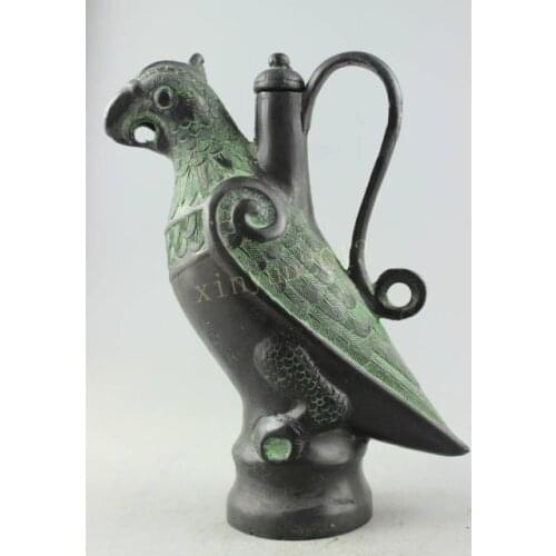 Collectible Decorated Old Handwork Bronze Carving Parrot Teapot